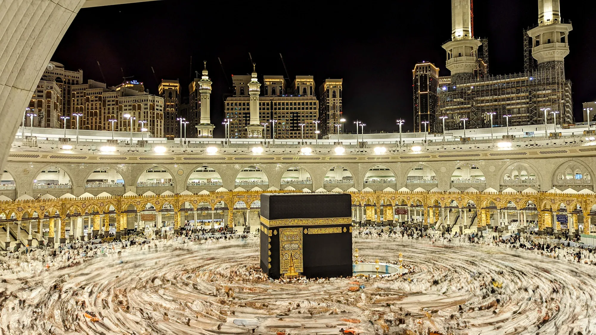 The Kaaba at night, surrounded by pilgrims, Masjid al-Haram, Makkah